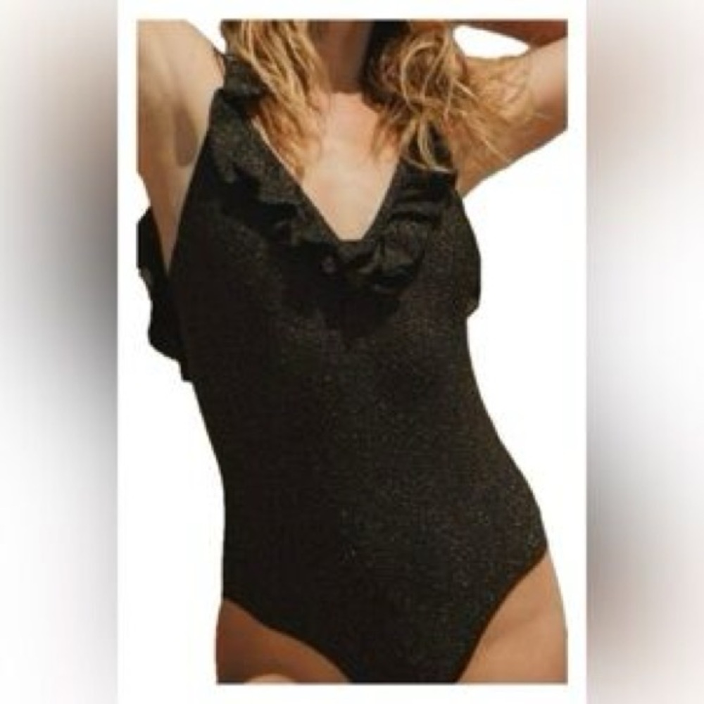 Sezane Shimmering Black Ruffle One Piece